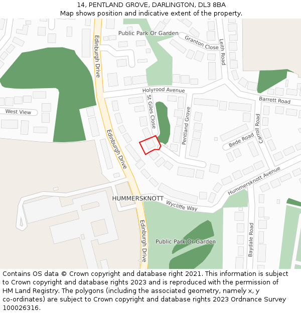 14, PENTLAND GROVE, DARLINGTON, DL3 8BA: Location map and indicative extent of plot