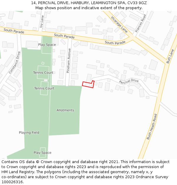 14, PERCIVAL DRIVE, HARBURY, LEAMINGTON SPA, CV33 9GZ: Location map and indicative extent of plot