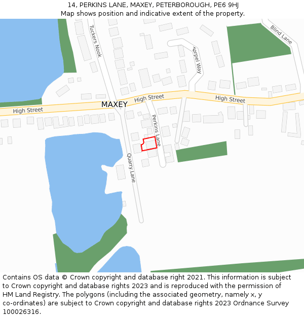 14, PERKINS LANE, MAXEY, PETERBOROUGH, PE6 9HJ: Location map and indicative extent of plot