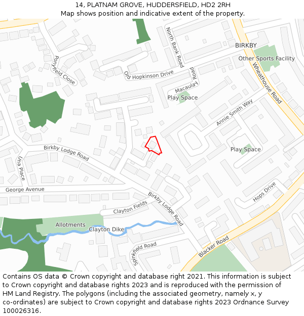 14, PLATNAM GROVE, HUDDERSFIELD, HD2 2RH: Location map and indicative extent of plot