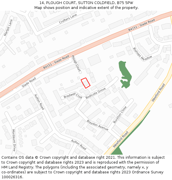 14, PLOUGH COURT, SUTTON COLDFIELD, B75 5PW: Location map and indicative extent of plot