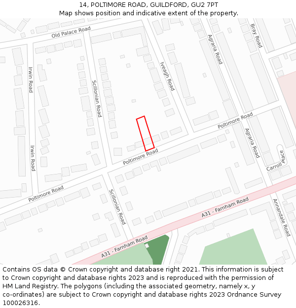 14, POLTIMORE ROAD, GUILDFORD, GU2 7PT: Location map and indicative extent of plot