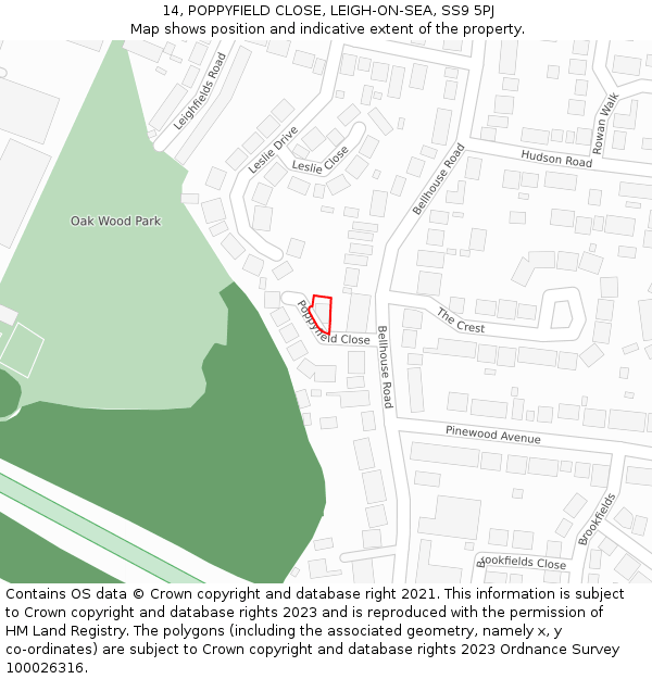 14, POPPYFIELD CLOSE, LEIGH-ON-SEA, SS9 5PJ: Location map and indicative extent of plot