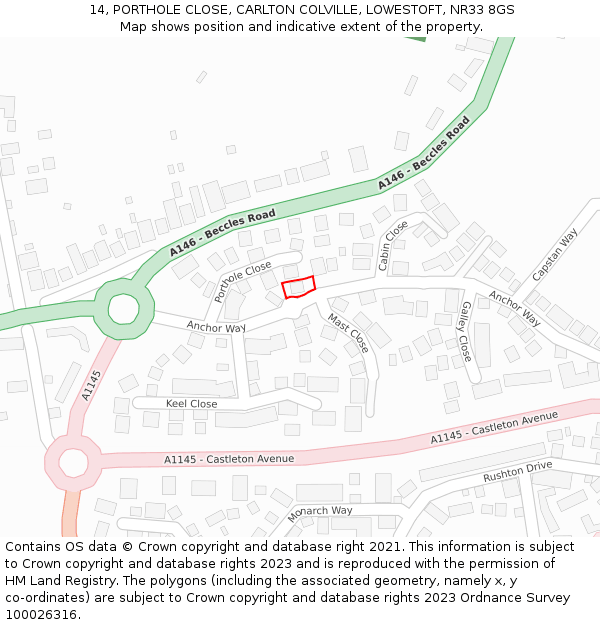 14, PORTHOLE CLOSE, CARLTON COLVILLE, LOWESTOFT, NR33 8GS: Location map and indicative extent of plot