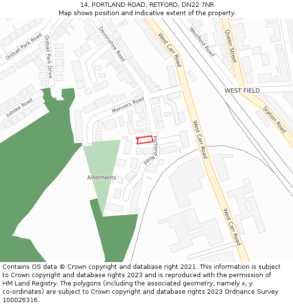 14, PORTLAND ROAD, RETFORD, DN22 7NR: Location map and indicative extent of plot