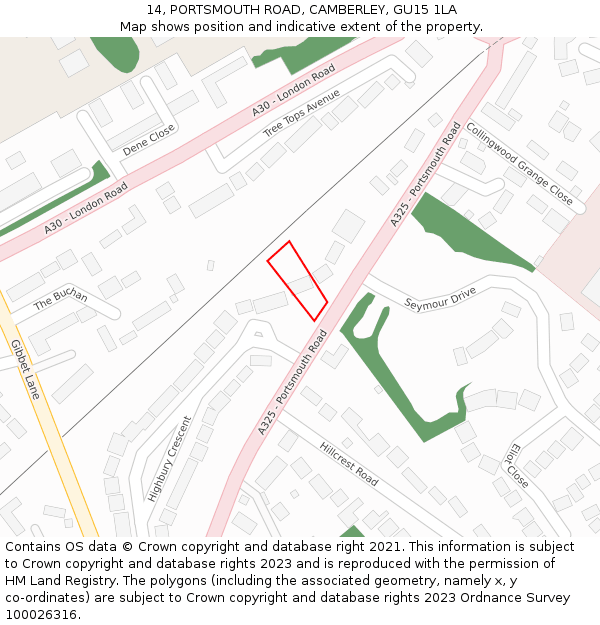 14, PORTSMOUTH ROAD, CAMBERLEY, GU15 1LA: Location map and indicative extent of plot