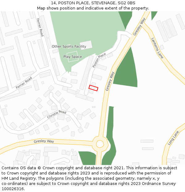 14, POSTON PLACE, STEVENAGE, SG2 0BS: Location map and indicative extent of plot