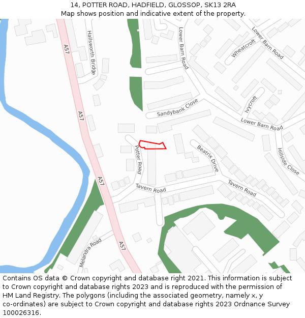 14, POTTER ROAD, HADFIELD, GLOSSOP, SK13 2RA: Location map and indicative extent of plot