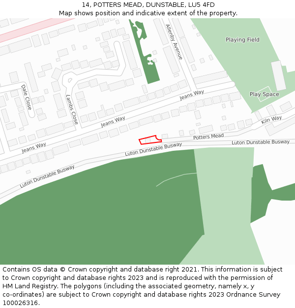 14, POTTERS MEAD, DUNSTABLE, LU5 4FD: Location map and indicative extent of plot
