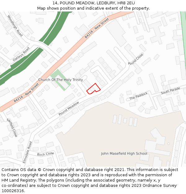14, POUND MEADOW, LEDBURY, HR8 2EU: Location map and indicative extent of plot
