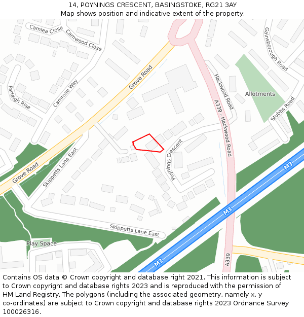 14, POYNINGS CRESCENT, BASINGSTOKE, RG21 3AY: Location map and indicative extent of plot