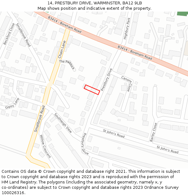 14, PRESTBURY DRIVE, WARMINSTER, BA12 9LB: Location map and indicative extent of plot