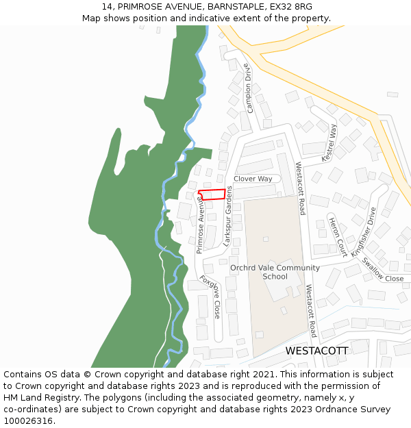 14, PRIMROSE AVENUE, BARNSTAPLE, EX32 8RG: Location map and indicative extent of plot