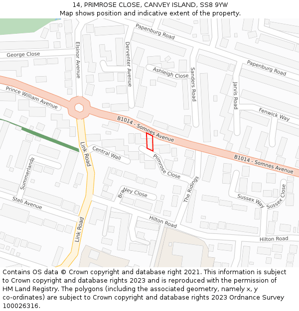 14, PRIMROSE CLOSE, CANVEY ISLAND, SS8 9YW: Location map and indicative extent of plot