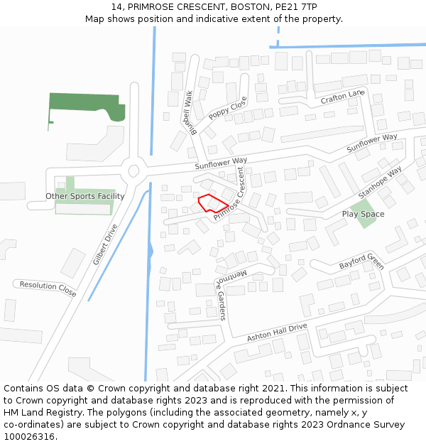 14, PRIMROSE CRESCENT, BOSTON, PE21 7TP: Location map and indicative extent of plot