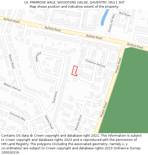 14, PRIMROSE WALK, WOODFORD HALSE, DAVENTRY, NN11 3HT: Location map and indicative extent of plot