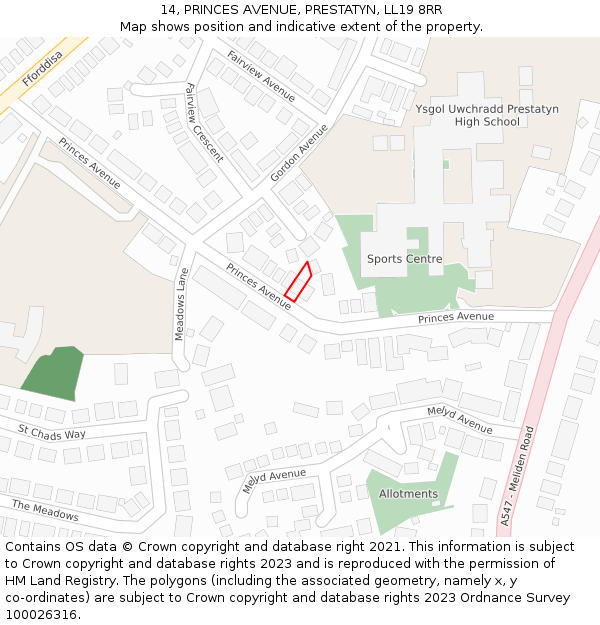 14, PRINCES AVENUE, PRESTATYN, LL19 8RR: Location map and indicative extent of plot