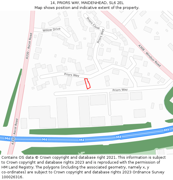 14, PRIORS WAY, MAIDENHEAD, SL6 2EL: Location map and indicative extent of plot