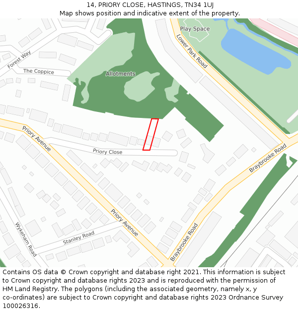 14, PRIORY CLOSE, HASTINGS, TN34 1UJ: Location map and indicative extent of plot