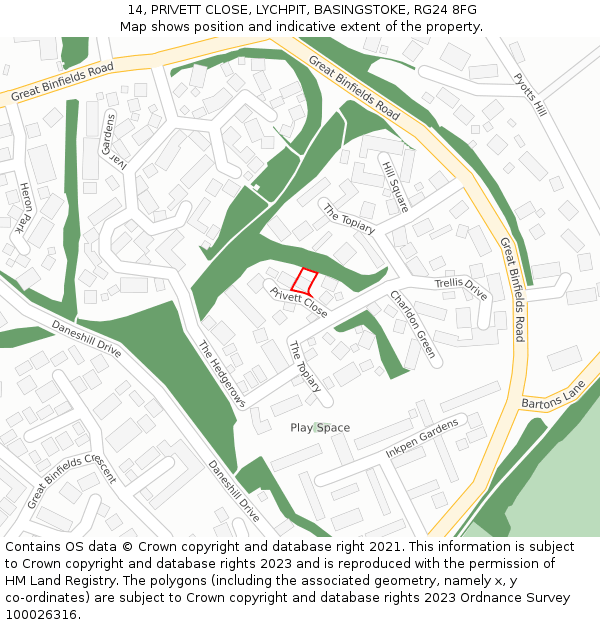 14, PRIVETT CLOSE, LYCHPIT, BASINGSTOKE, RG24 8FG: Location map and indicative extent of plot