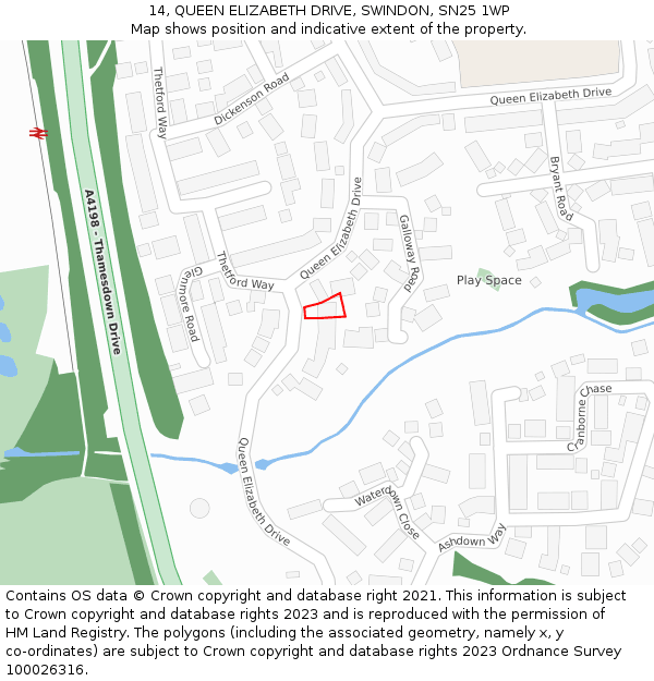 14, QUEEN ELIZABETH DRIVE, SWINDON, SN25 1WP: Location map and indicative extent of plot