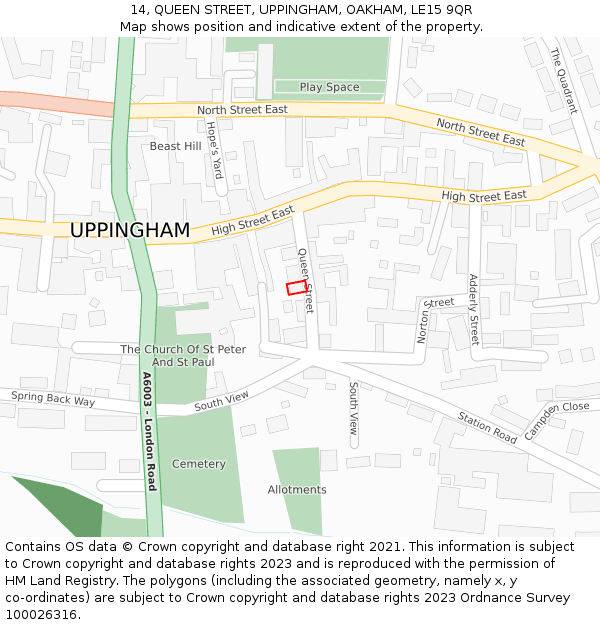 14, QUEEN STREET, UPPINGHAM, OAKHAM, LE15 9QR: Location map and indicative extent of plot