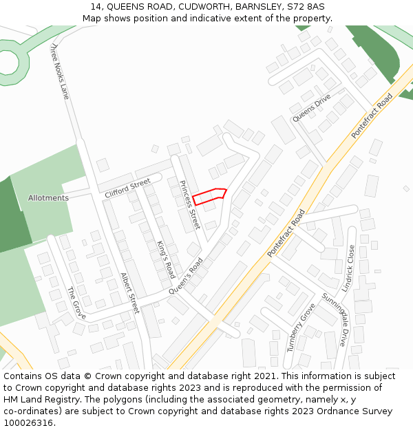 14, QUEENS ROAD, CUDWORTH, BARNSLEY, S72 8AS: Location map and indicative extent of plot