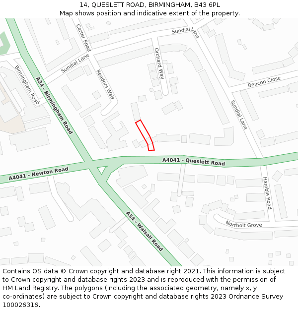 14, QUESLETT ROAD, BIRMINGHAM, B43 6PL: Location map and indicative extent of plot