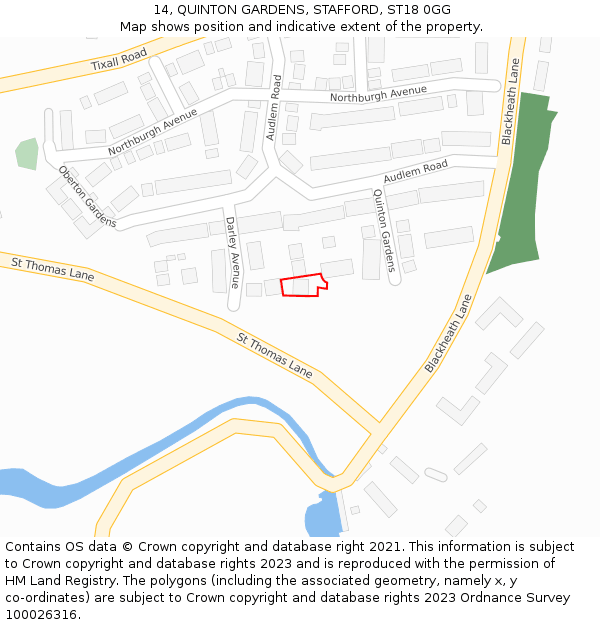 14, QUINTON GARDENS, STAFFORD, ST18 0GG: Location map and indicative extent of plot