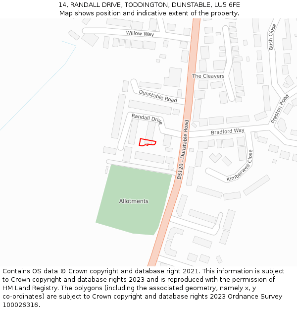 14, RANDALL DRIVE, TODDINGTON, DUNSTABLE, LU5 6FE: Location map and indicative extent of plot