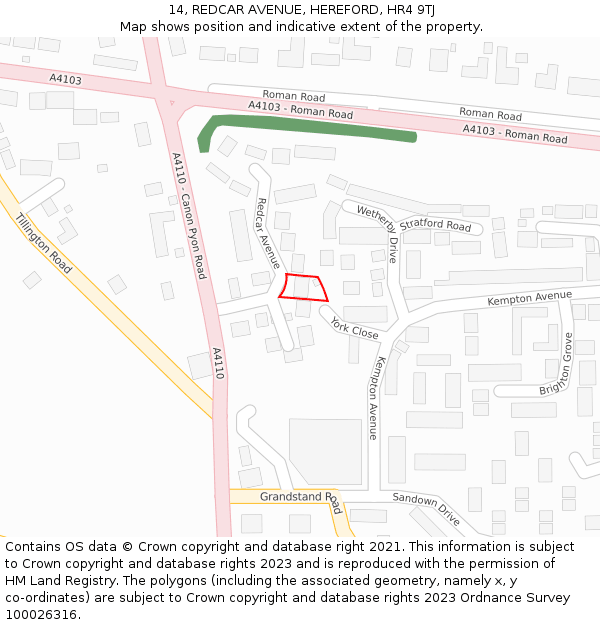 14, REDCAR AVENUE, HEREFORD, HR4 9TJ: Location map and indicative extent of plot