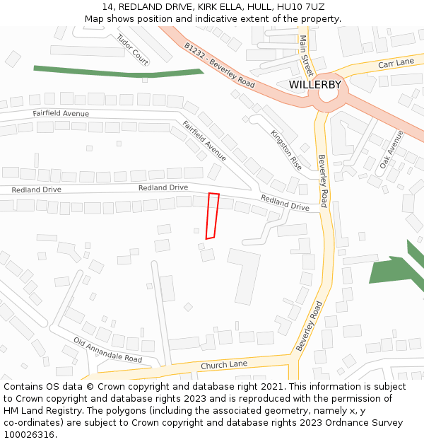 14, REDLAND DRIVE, KIRK ELLA, HULL, HU10 7UZ: Location map and indicative extent of plot