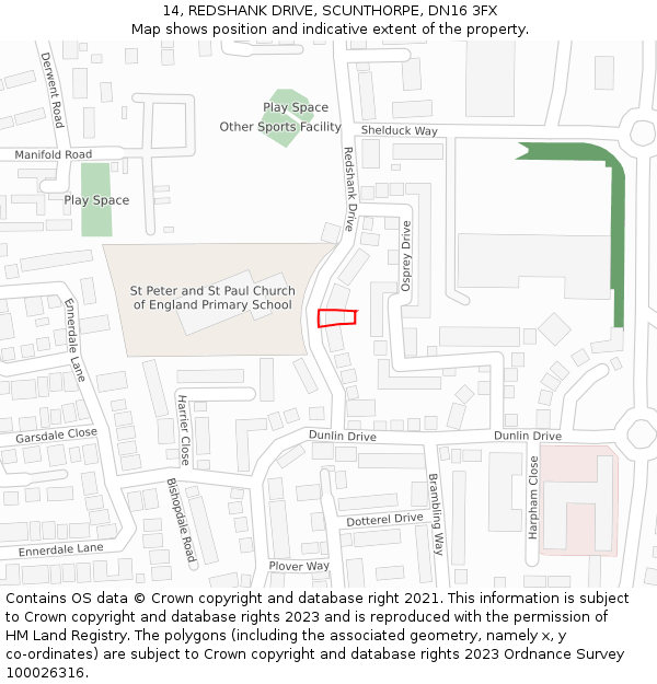 14, REDSHANK DRIVE, SCUNTHORPE, DN16 3FX: Location map and indicative extent of plot
