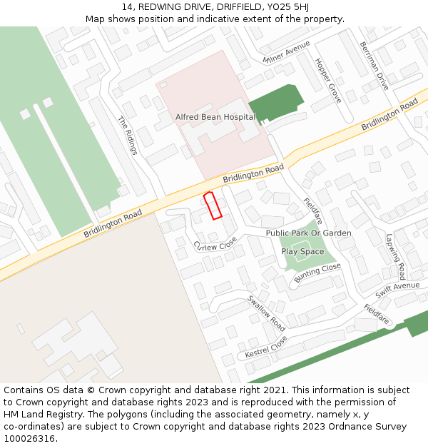 14, REDWING DRIVE, DRIFFIELD, YO25 5HJ: Location map and indicative extent of plot