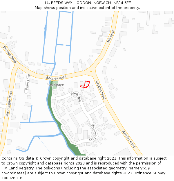 14, REEDS WAY, LODDON, NORWICH, NR14 6FE: Location map and indicative extent of plot