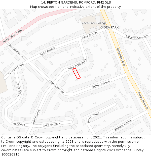 14, REPTON GARDENS, ROMFORD, RM2 5LS: Location map and indicative extent of plot