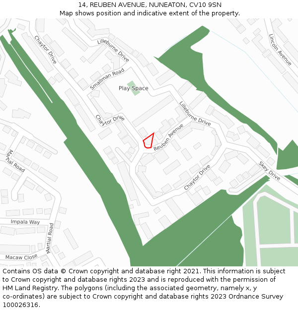 14, REUBEN AVENUE, NUNEATON, CV10 9SN: Location map and indicative extent of plot