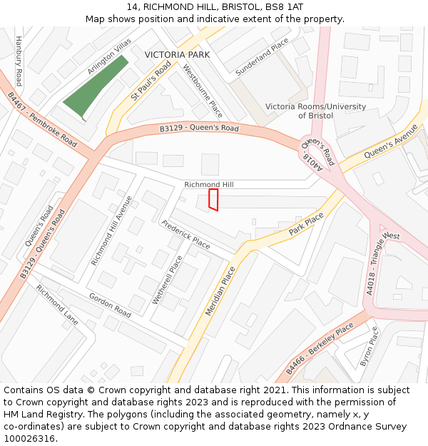 14, RICHMOND HILL, BRISTOL, BS8 1AT: Location map and indicative extent of plot