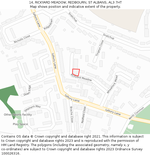 14, RICKYARD MEADOW, REDBOURN, ST ALBANS, AL3 7HT: Location map and indicative extent of plot