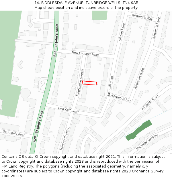 14, RIDDLESDALE AVENUE, TUNBRIDGE WELLS, TN4 9AB: Location map and indicative extent of plot