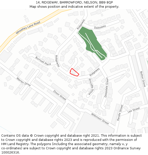 14, RIDGEWAY, BARROWFORD, NELSON, BB9 8QP: Location map and indicative extent of plot