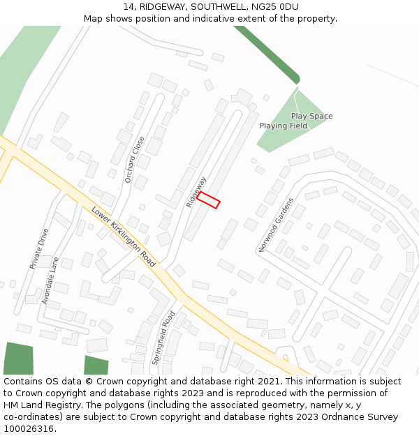 14, RIDGEWAY, SOUTHWELL, NG25 0DU: Location map and indicative extent of plot