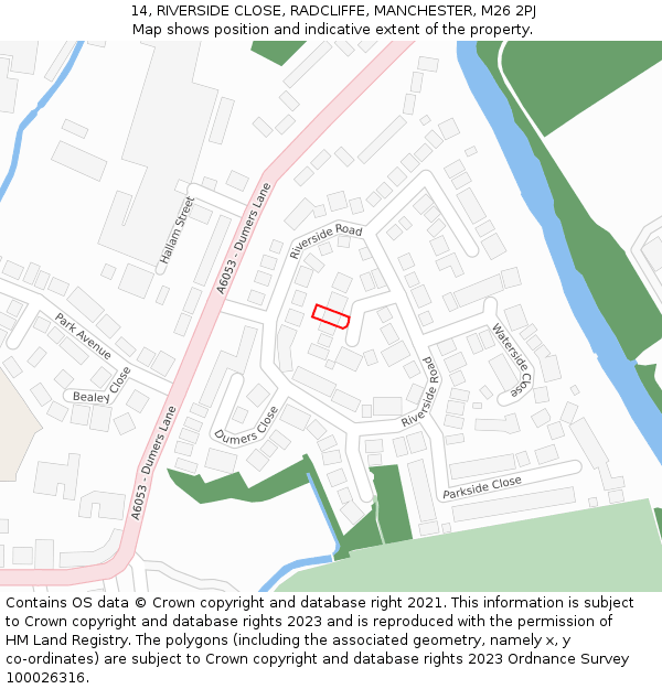 14, RIVERSIDE CLOSE, RADCLIFFE, MANCHESTER, M26 2PJ: Location map and indicative extent of plot