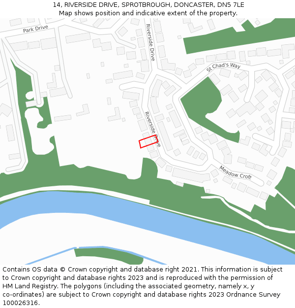 14, RIVERSIDE DRIVE, SPROTBROUGH, DONCASTER, DN5 7LE: Location map and indicative extent of plot