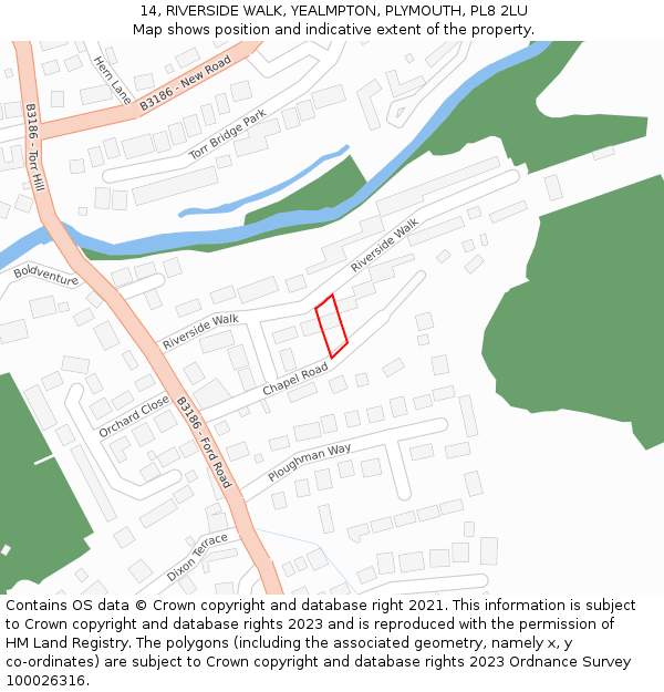 14, RIVERSIDE WALK, YEALMPTON, PLYMOUTH, PL8 2LU: Location map and indicative extent of plot