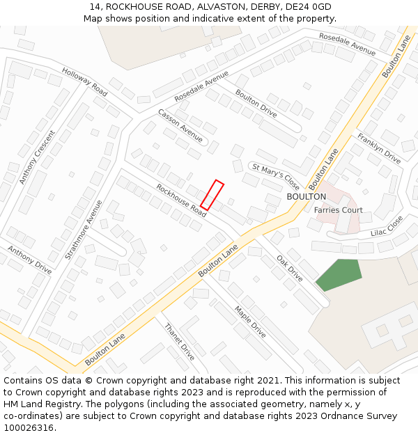 14, ROCKHOUSE ROAD, ALVASTON, DERBY, DE24 0GD: Location map and indicative extent of plot