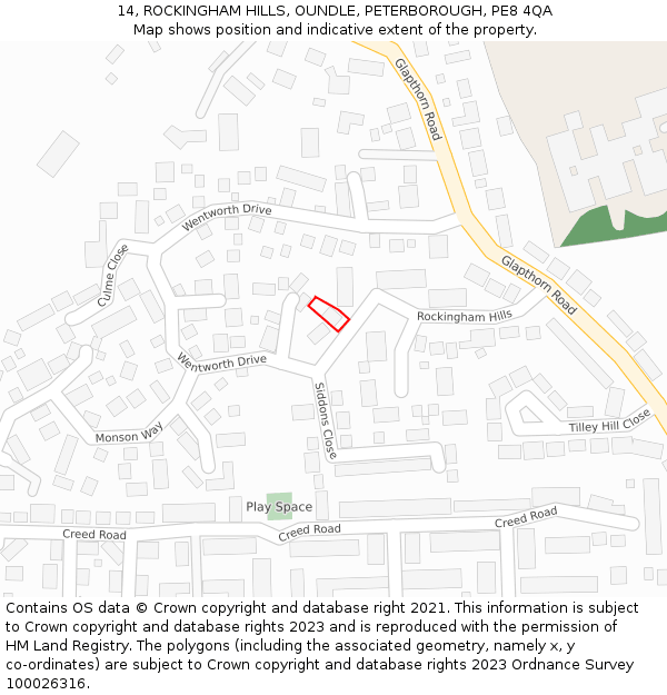 14, ROCKINGHAM HILLS, OUNDLE, PETERBOROUGH, PE8 4QA: Location map and indicative extent of plot