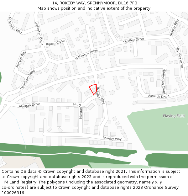 14, ROKEBY WAY, SPENNYMOOR, DL16 7FB: Location map and indicative extent of plot