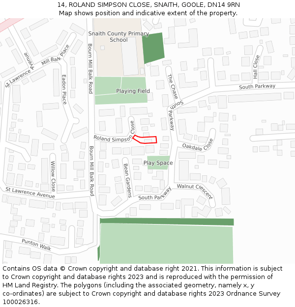 14, ROLAND SIMPSON CLOSE, SNAITH, GOOLE, DN14 9RN: Location map and indicative extent of plot
