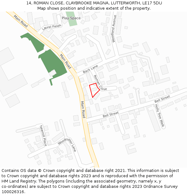 14, ROMAN CLOSE, CLAYBROOKE MAGNA, LUTTERWORTH, LE17 5DU: Location map and indicative extent of plot